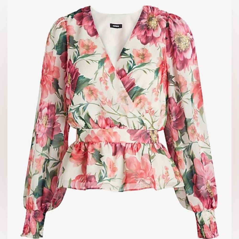 EXPRESS Floral V-Neck Smocked Cuff Peplum Top Size XL